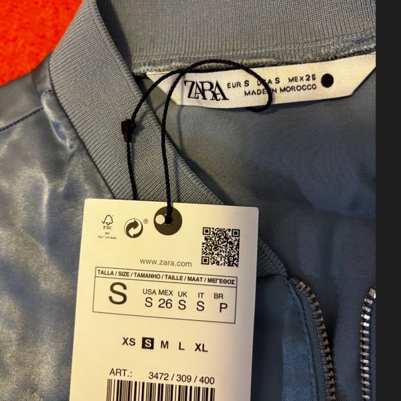 Zara light blue retro satin viscose crop bomber jacket NWT - Picture 7 of 10